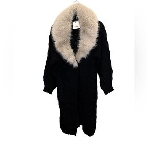 Nekane NKN of Spain Women’s Black Long Cardigan Removable Faux Fur Collar sz S/M